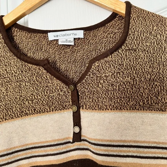 Liz Claiborne | brown stripe button sweater - M - Picture 3 of 8